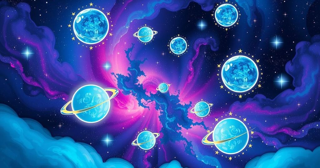 Celestial themes and zodiac signs illustrated with a cosmic colour palette, embodying astrological energy and transformation.