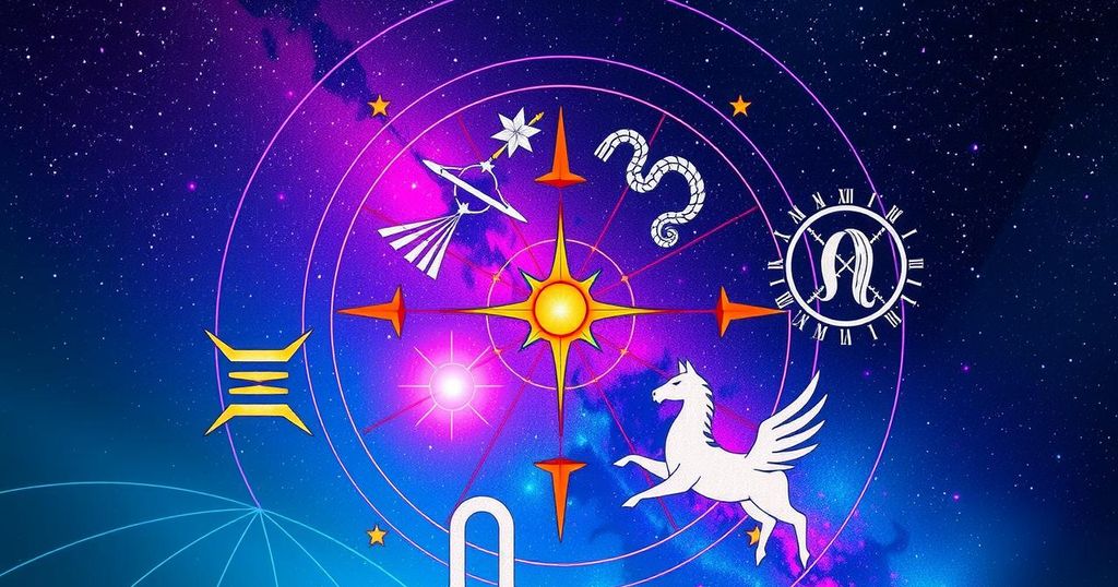 Astrological symbols with vibrant colours representing horoscopes and zodiac signs for guidance and inspiration.