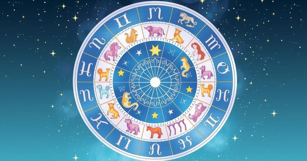 A zodiac wheel featuring symbols of all twelve astrological signs with a celestial background and soft pastels.