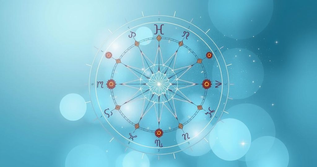 Astrological symbols with zodiac signs, celestial motifs, calming blue and silver tones in a soothing design.