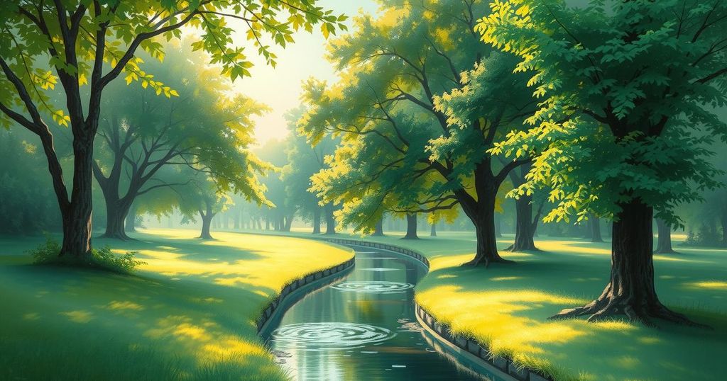 A serene landscape depicting a lush green park with vibrant trees and a gentle stream, evoking tranquility and connection to nature.