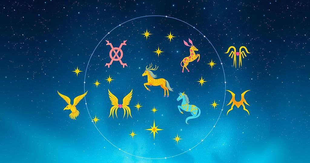 Astronomical theme with twelve zodiac signs in celestial bodies, featuring soft blues and golds in a dreamy style.