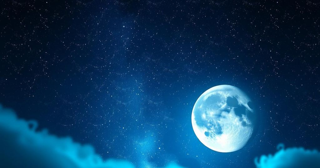 A celestial scene with astrological symbols, vibrant stars, and a new moon shining brightly, reflecting love and opportunities.