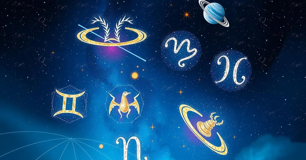 A cosmic scene with zodiac signs, planets, and stars against a night sky, symbolising astrology and horoscopes.