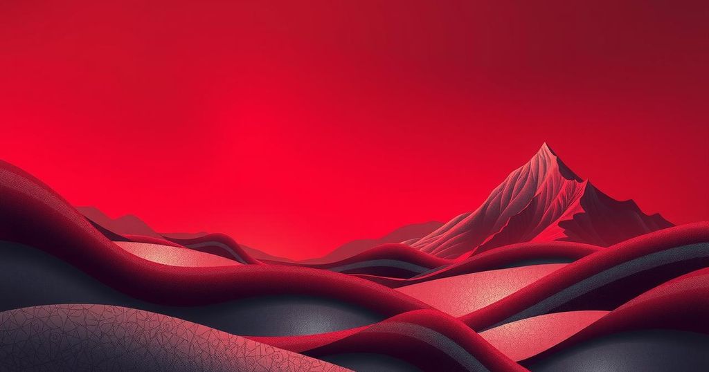 A serene, abstract landscape with shades of dark red, symbolising focus and stability, in a calming style.