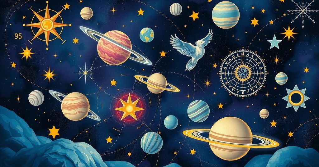 Cosmic scene with celestial bodies and astrological symbols, vibrant colour palette adds mystique and harmony.