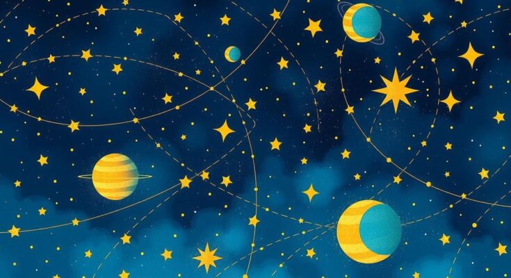 Astrological symbols in a celestial background, featuring stars and planets in vibrant colours.