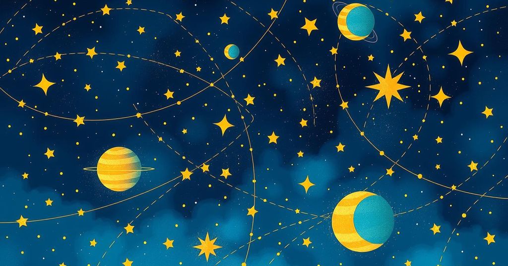Astrological symbols in a celestial background, featuring stars and planets in vibrant colours.