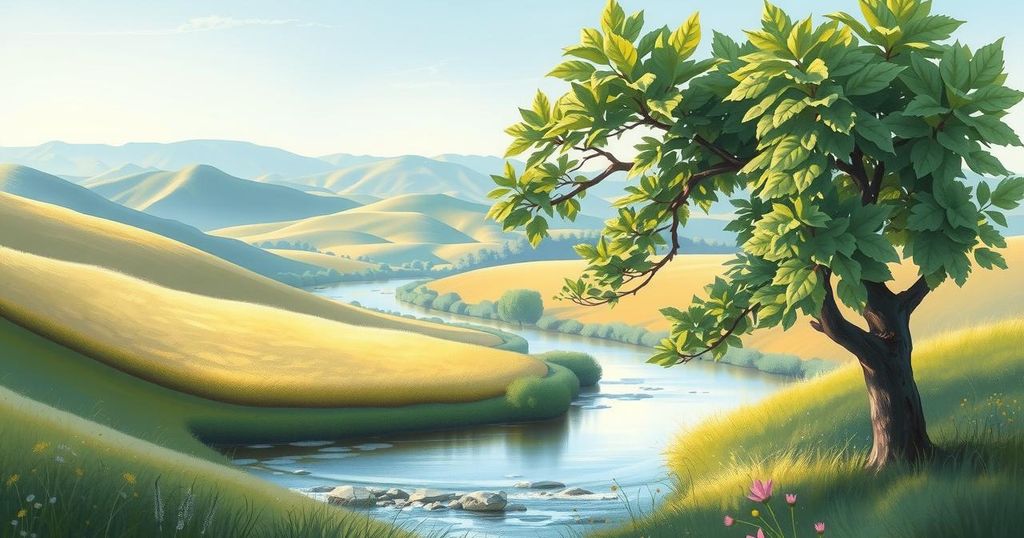 A serene landscape depicting nature's beauty, featuring soft pastel colours and a calm atmosphere.