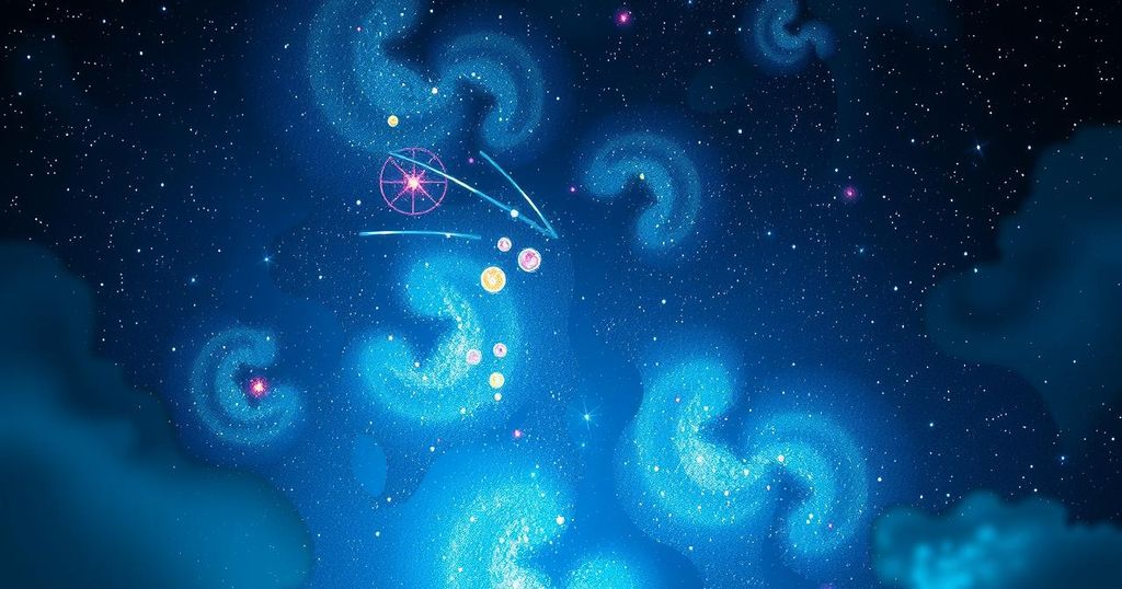 A cosmic scene depicting the astrological symbols of Gemini, vibrant stars, and celestial elements under a blue night sky.
