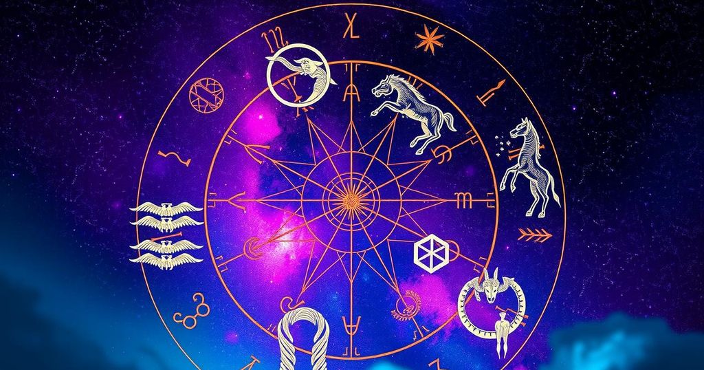 Twelve astrological symbols with a starry night background, featuring soft colours and a cosmic theme.