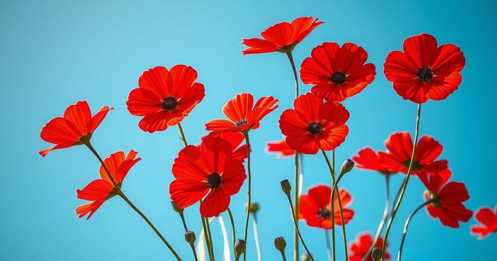 A vibrant scene of red flowers under a clear blue sky, symbolising joy and positivity.