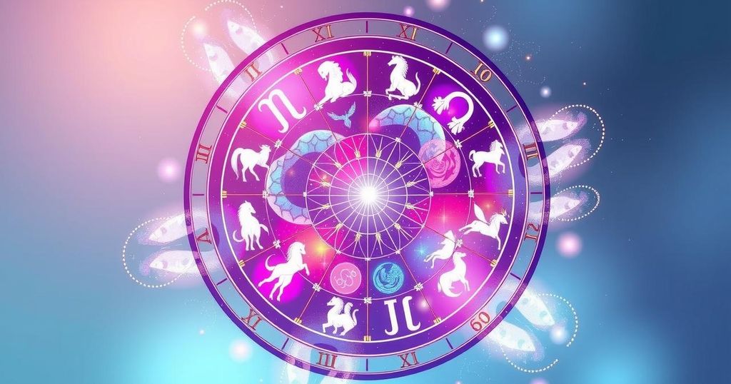 A vibrant zodiac wheel representing the energy shifts with planetary symbols in pastel colours.