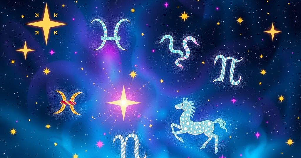 A celestial scene featuring zodiac symbols and bright stars, representing astrology and horoscopes.