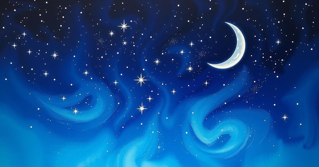 A shimmering night sky filled with stars, symbolising astrology and cosmic guidance, in deep blue and purple hues.