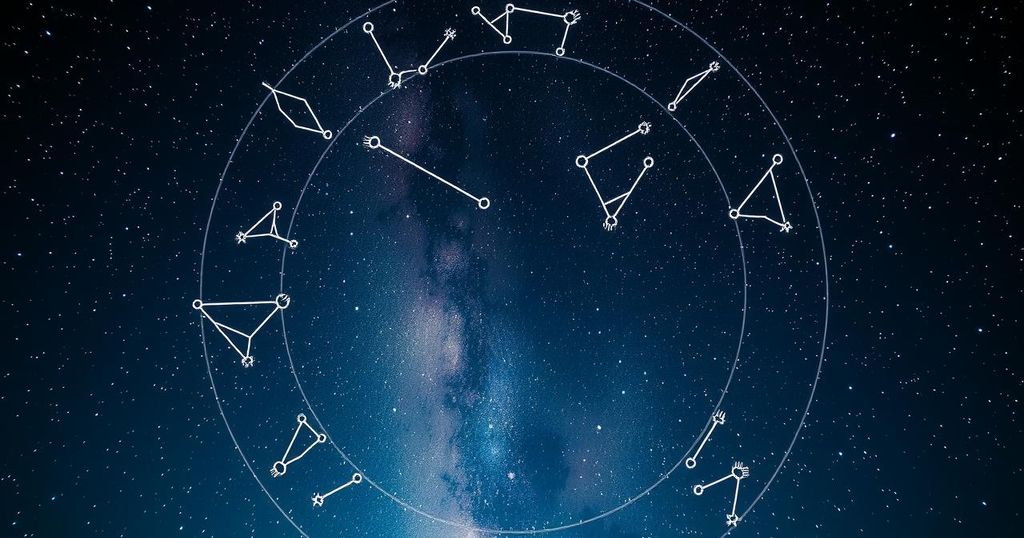 A starry night sky with zodiac constellations shining bright, embodying astrological guidance and positivity.