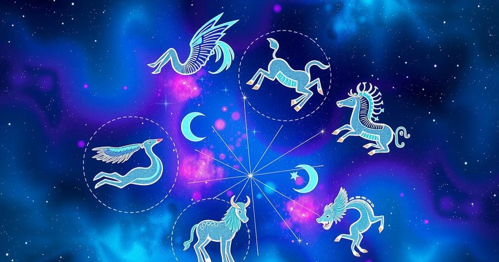 Colourful zodiac signs in a celestial background representing each sign's weekly horoscope.
