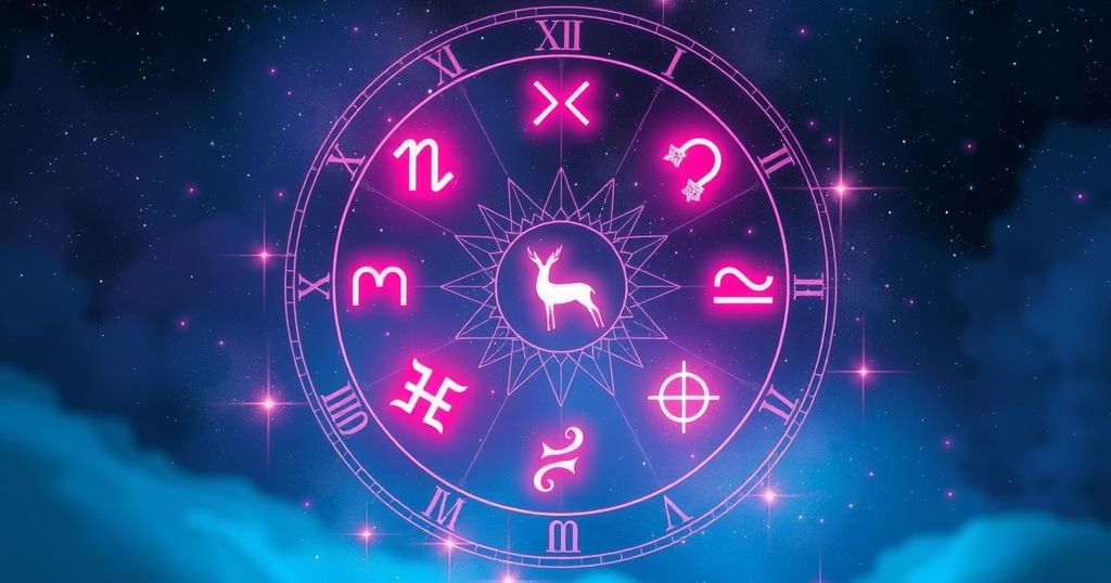 A celestial scene showcasing zodiac symbols in an artistic style, with deep blues and purples reflecting astrology themes.