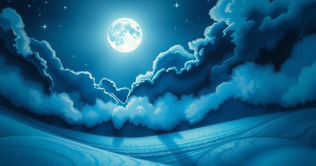 A serene full moon rising over a tranquil landscape, surrounded by dark clouds and shimmering stars, evoking mystery.