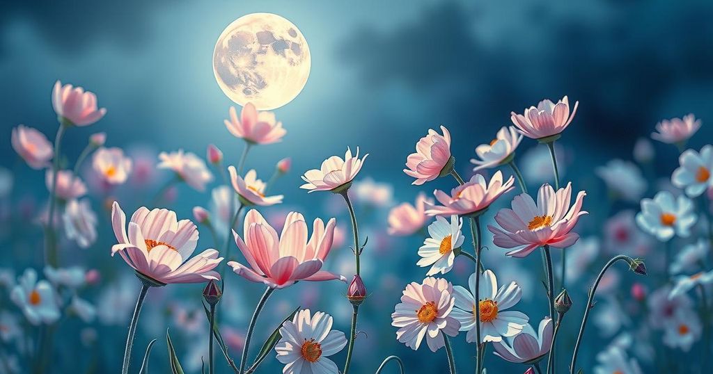 A serene night sky with a full moon illuminating blooming flowers in soft pastels, inspiring transformation and reflection.