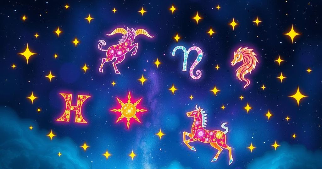 A cosmic illustration showing zodiac signs, stars, and astrological symbols in a vibrant, celestial colour scheme.