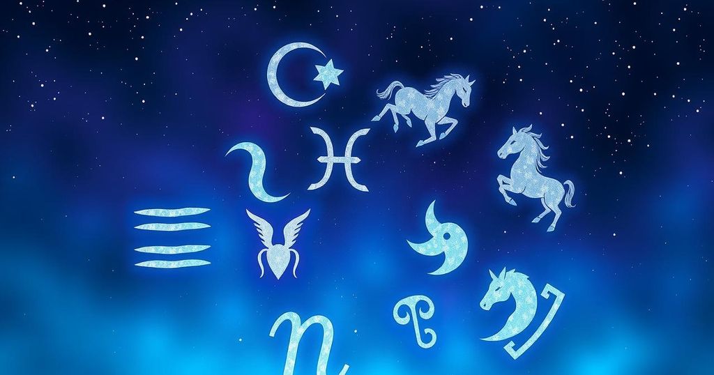 Stylised horoscope symbols with a mystical background featuring astrological constellations in calming blue hues.