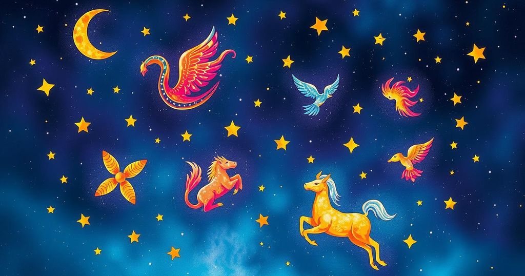 A vibrant cosmic scene with zodiac symbols, constellations, and colourful celestial elements representing astrology.
