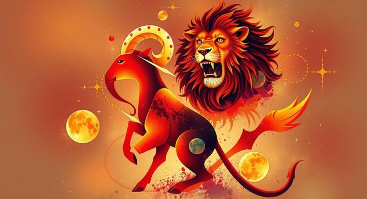 Vibrant abstract representation of Aries and Leo symbols with stars and cosmic elements