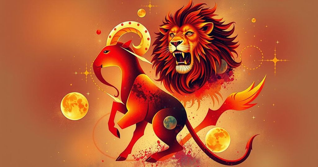 Vibrant abstract representation of Aries and Leo symbols with stars and cosmic elements