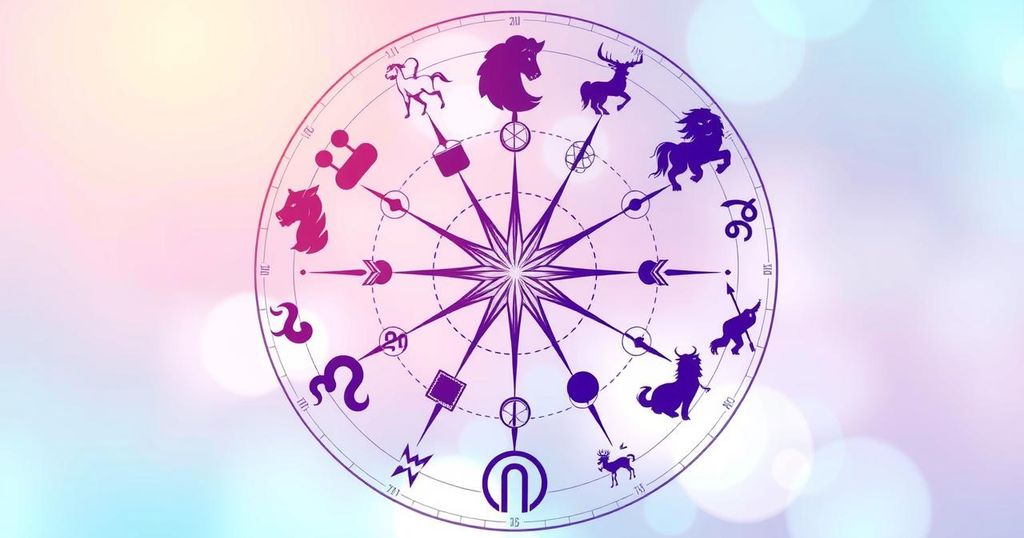Twelve zodiac symbols arranged beautifully with bright colours, representing astrology.