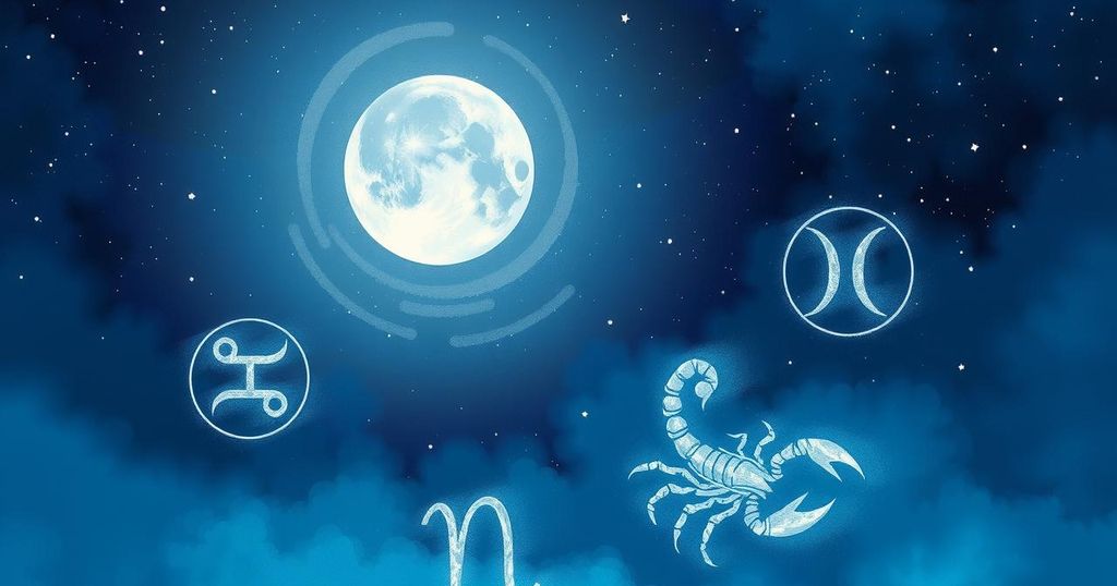 A mystical night sky with a full moon in Scorpio, surrounded by constellation stars and abstract astrology symbols.