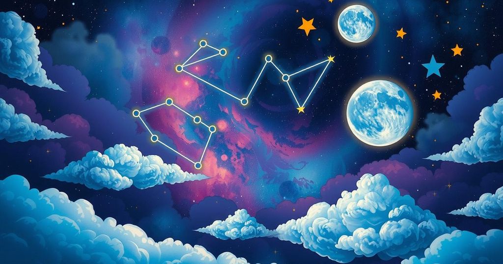 Astrological scene with constellations, vibrant Aries Moon, and imaginative symbols representing dreams and intuition.