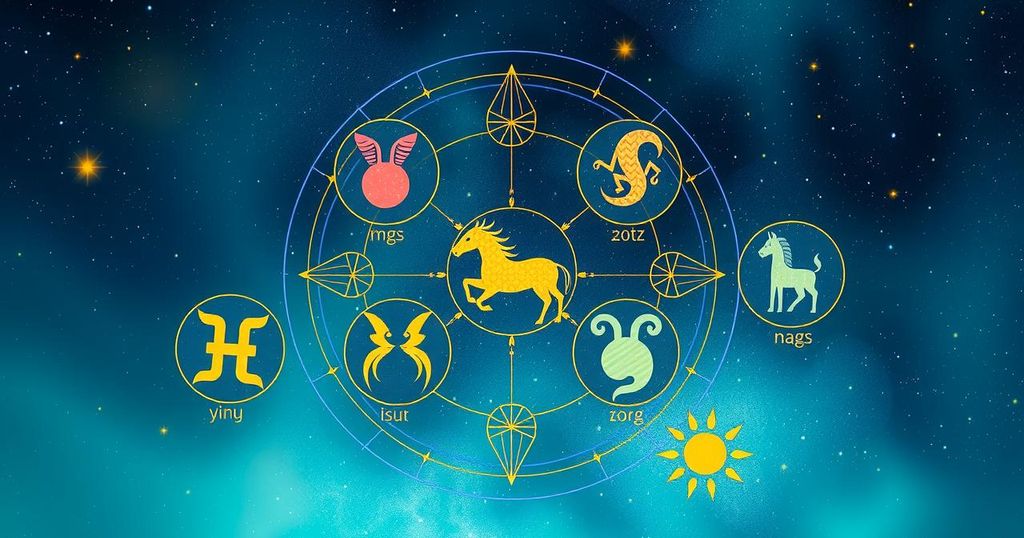 Zodiac sign symbols arranged creatively with astrological elements, featuring a vibrant colour palette for each sign.