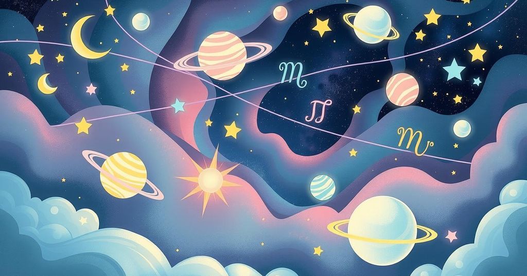 Celestial imagery depicting zodiac signs, planets, and cosmic elements in harmonious pastel colours.