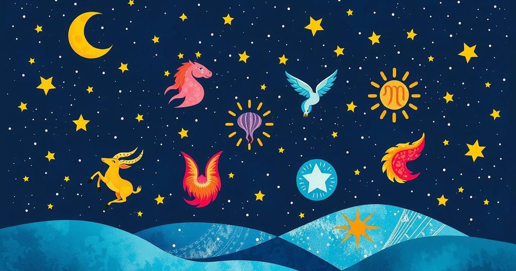 A vibrant astrological scene featuring celestial symbols, energies, and zodiac signs presented in a colourful cosmic style.