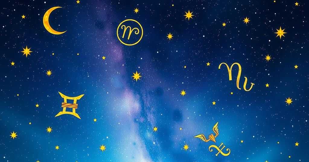 A vibrant cosmic scene with stars, zodiac symbols, and a celestial background representing horoscopes for signs.