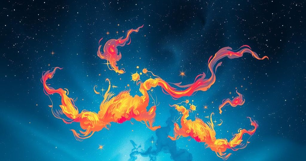 Horoscope-inspired celestial scene with starry sky and vibrant cosmic elements representing creativity and inspiration.