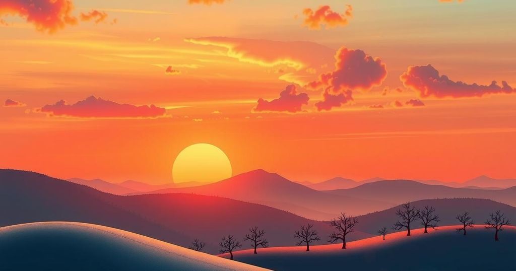 A vibrant orange sunset over mountains, symbolising joy and harmony for Sagittarius, with abstract shapes and soft curves.
