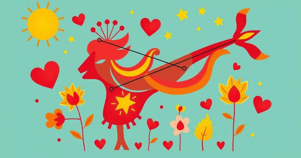 A vibrant Sagittarius-themed horoscope illustration with symbols of love and personal growth in warm colours.