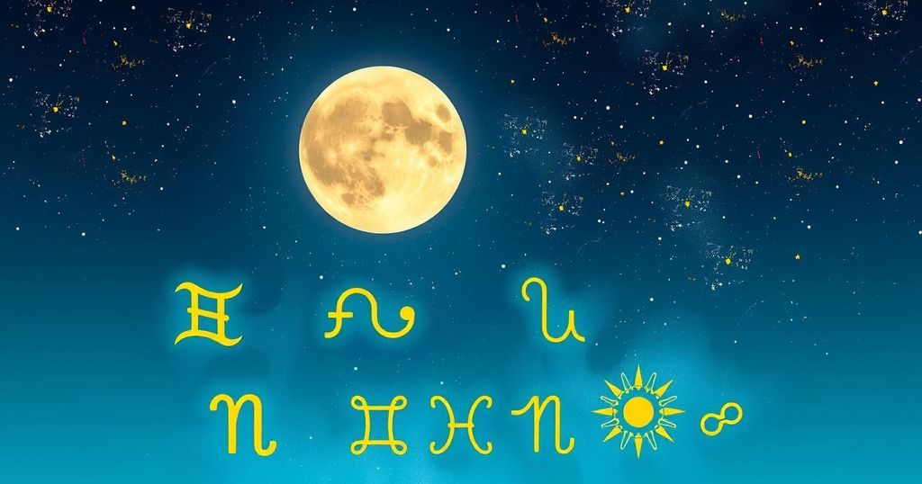 Astrological symbols with a night sky background and a full moon, illustrating zodiac signs in an artistic style.