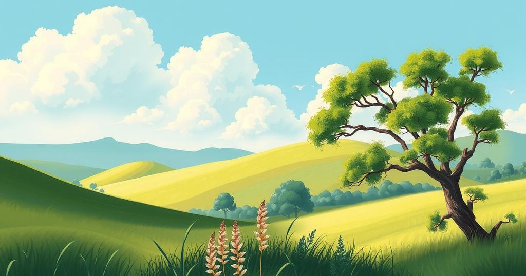 A serene Taurus landscape with a calming blue sky and rich green fields symbolizing stability and prosperity.
