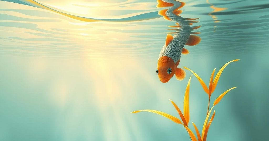 A serene aquatic landscape with soothing saffron hues, reflecting calmness and balance for Pisces.