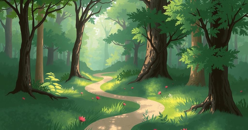 A serene landscape depicting a path leading through a tranquil forest, showcasing growth and self-discovery.