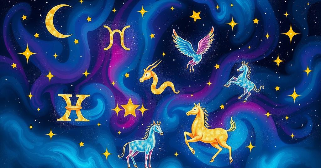 Celestial scene with zodiac symbols in vibrant colours, surrounded by stars and cosmic elements, portraying cosmic energy.