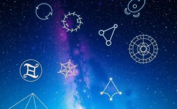 Astrological symbols and vibrant constellations in a cosmic night sky representing horoscopes.