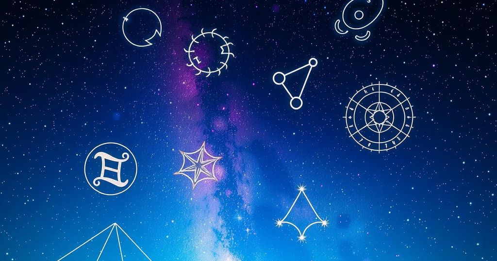 Astrological symbols and vibrant constellations in a cosmic night sky representing horoscopes.