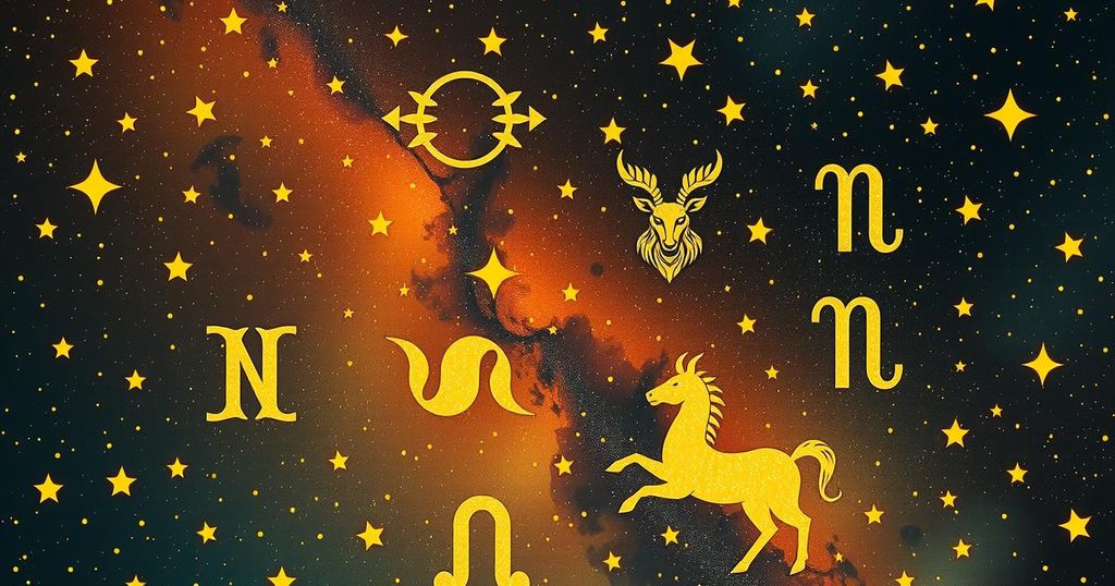 A vibrant astrological scene featuring zodiac symbols, stars, and a cosmic background in warm colours.