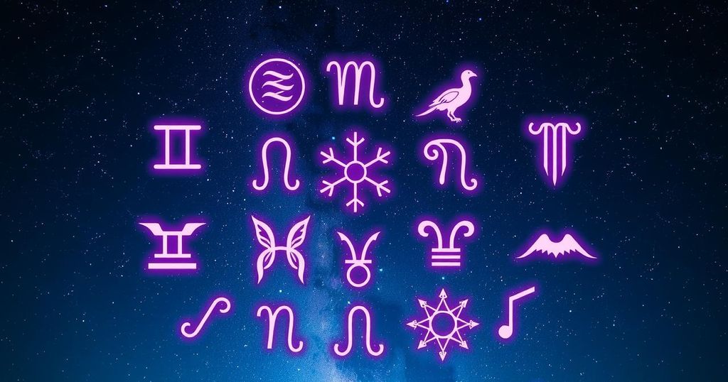 Astrological symbols with a starry sky background and a colour palette of deep blues and purples, reflecting zodiac themes.