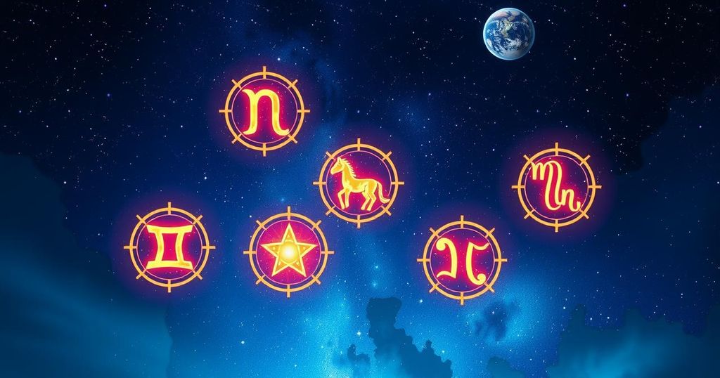 Astrological theme with zodiac signs representing hope and patience, vibrant celestial elements in a cosmic background.