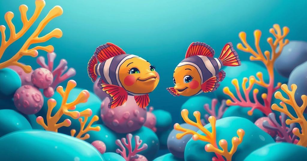 A tranquil underwater scene featuring two colourful fish swimming together among vibrant coral formations.